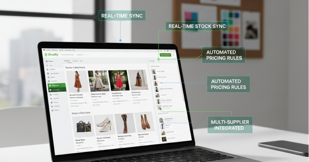 A professional laptop display showing a Shopify fashion store dashboard with automated multi-supplier integration labels including real-time stock sync and automated pricing rules.