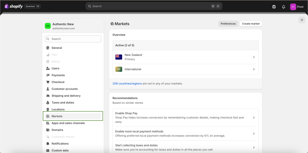Shopify: Markets Setup