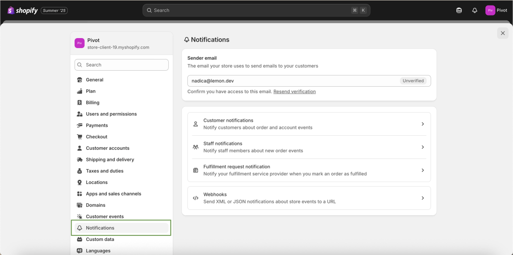 Shopify: Manage Notifications