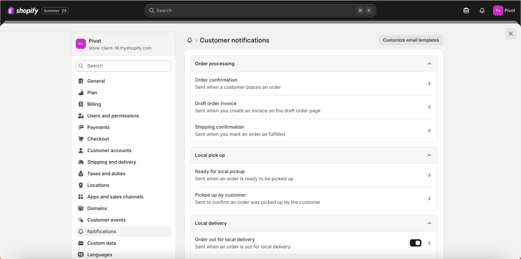 Shopify: Manage Notifications inside