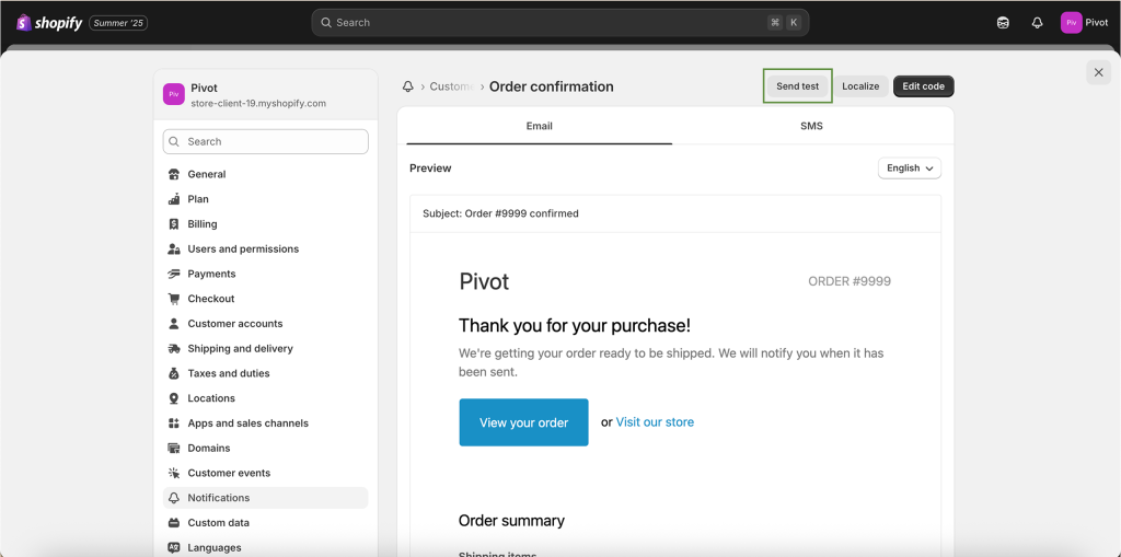 Shopify: Manage Notifications Email
