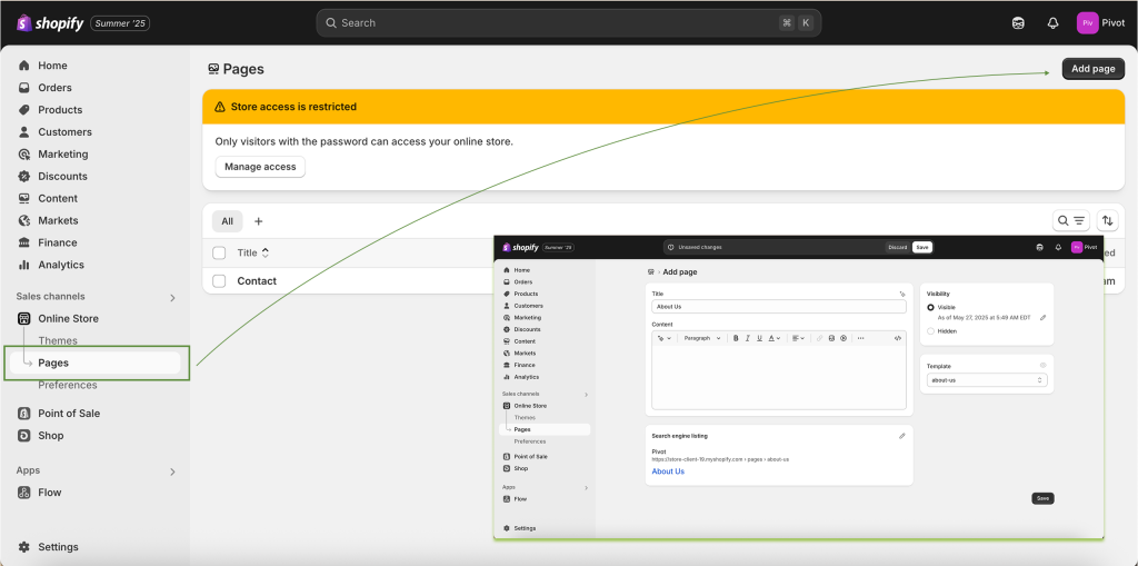Shopify: Create and link Page
