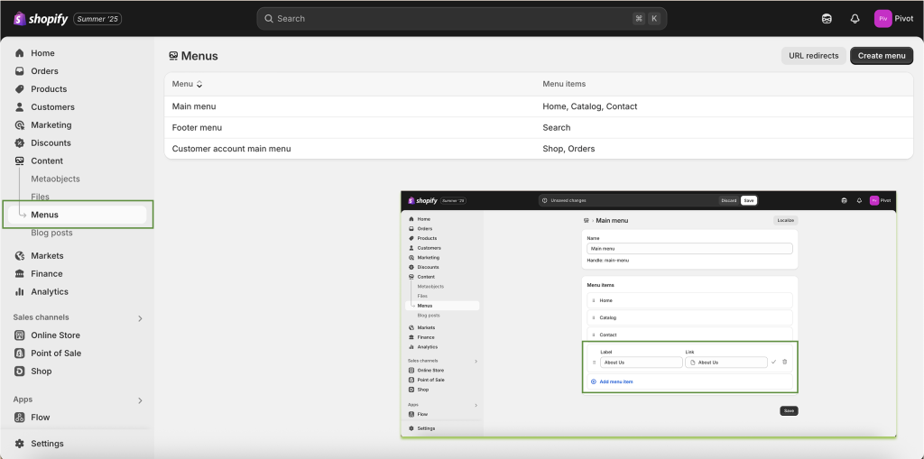 Shopify: Create and link Page 2
