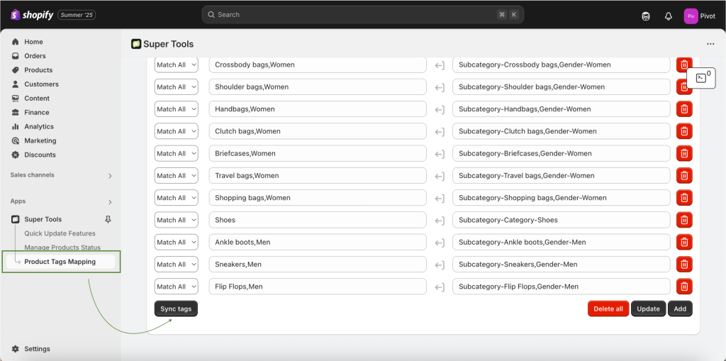 Shopify: Super Tools App sync tags